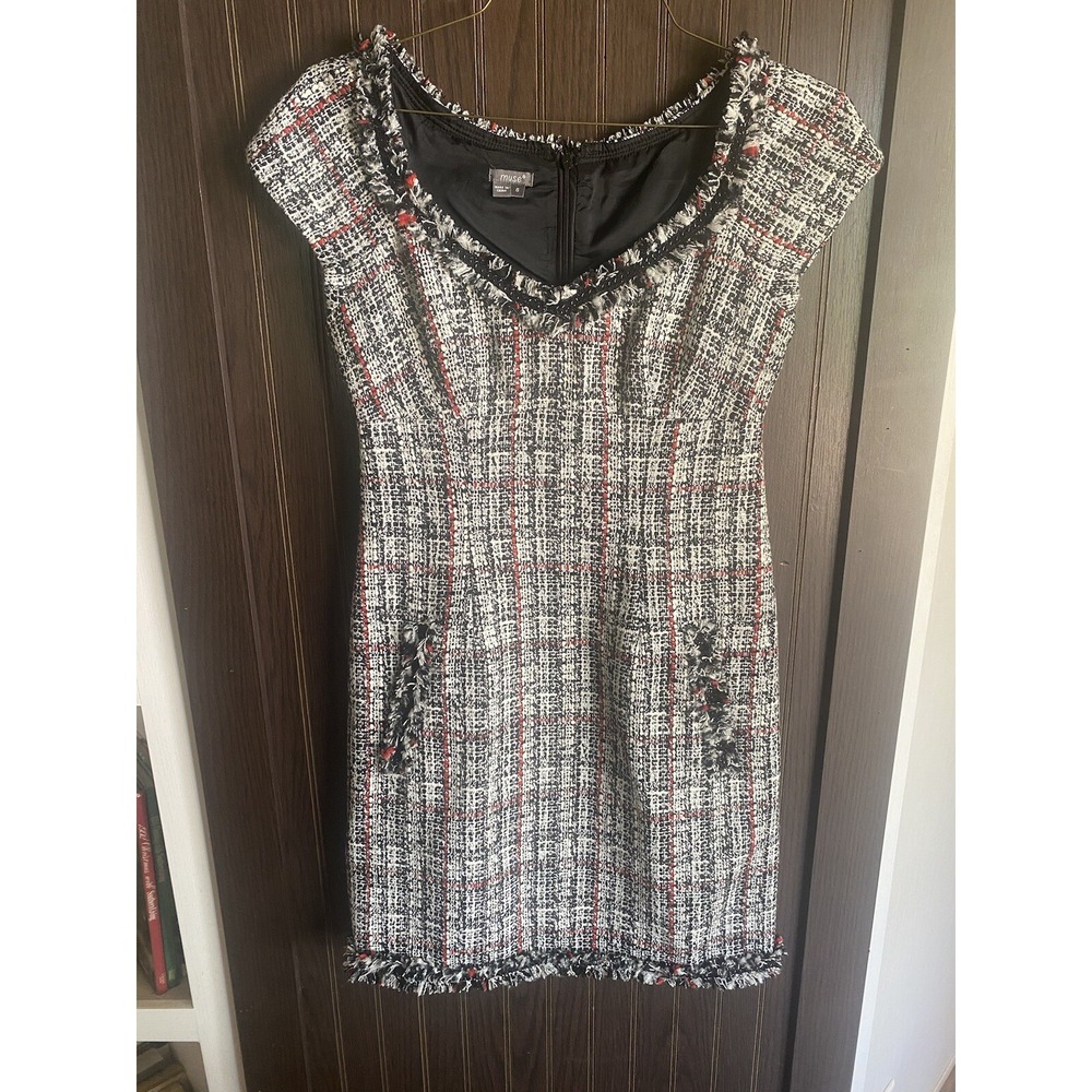 Muse Womens Tweed Short Sleeve Scoop Neck Sheath Wool Blend Dress Size 6